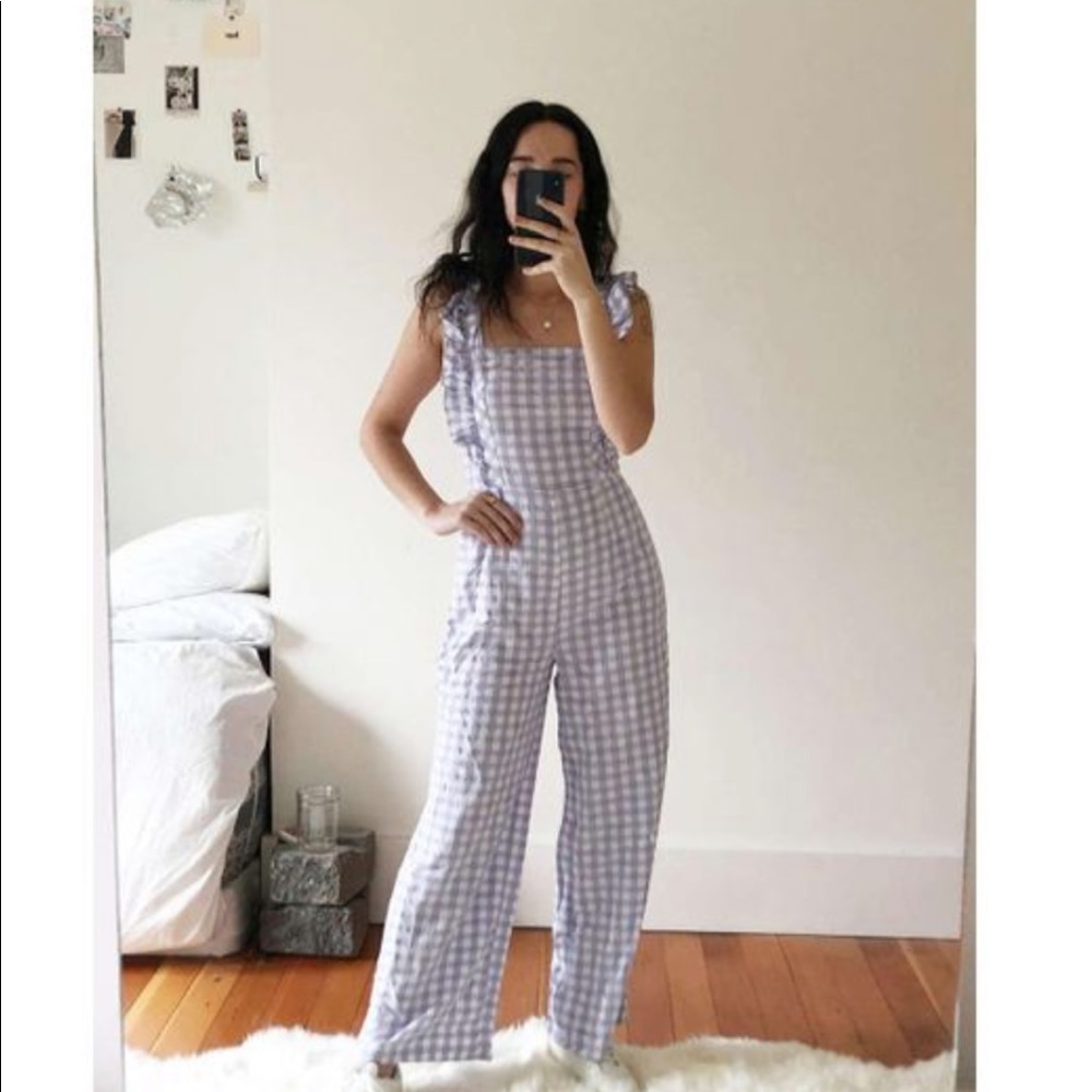 UO Emerson Gingham Ruffle Jumpsuit In Lavender
